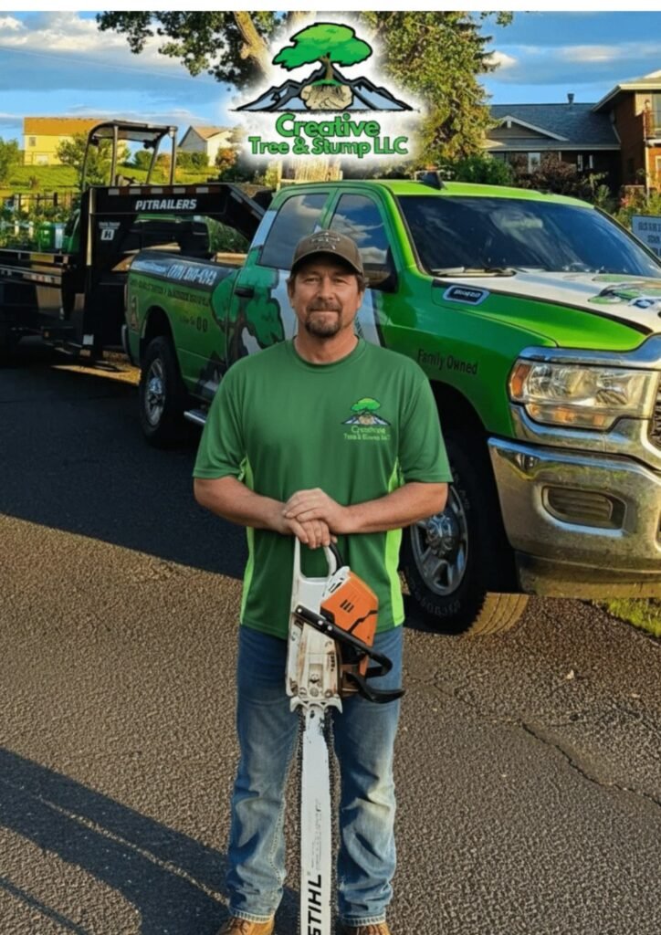 Shawn Brandau, owner of Creative Tree & Stump LLC, with his branded work truck in Brighton, Colorado